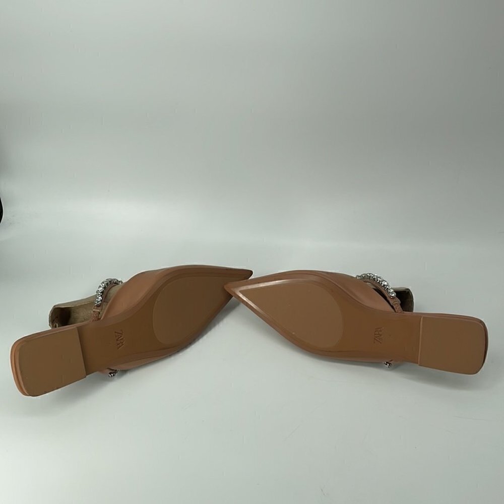 Zara sling back flat point shoes with rhinestones neutral beige brown sz 6 - Picture 11 of 13